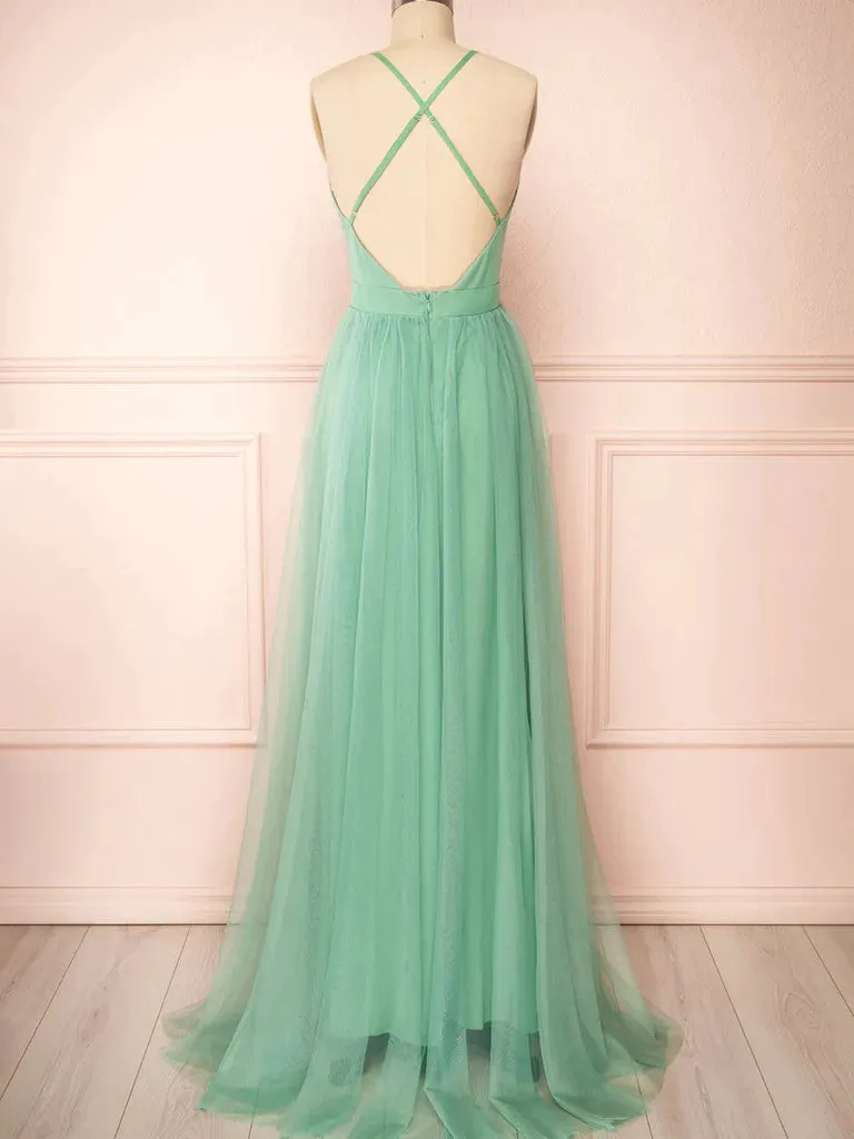 A Line V Neck  Backless Sage Tulle Long Prom Dresses,  Sage Open Back Formal  Evening Graduation Dresses