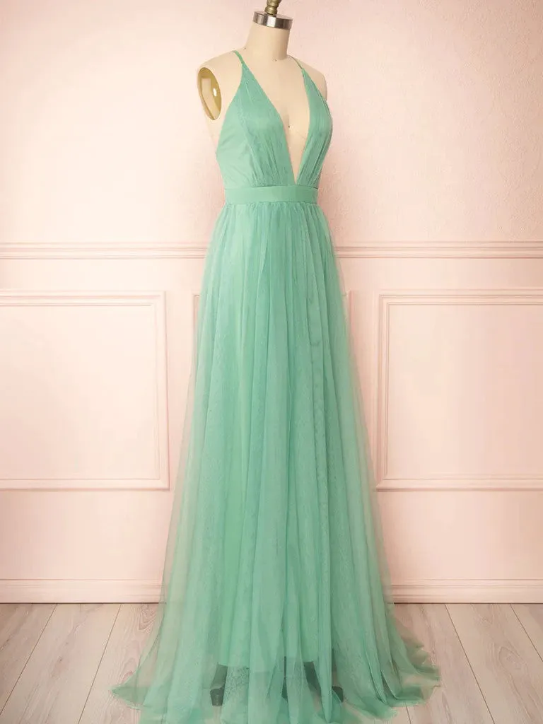 A Line V Neck  Backless Sage Tulle Long Prom Dresses,  Sage Open Back Formal  Evening Graduation Dresses