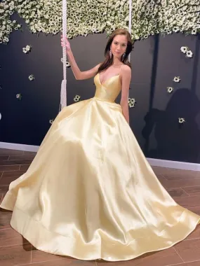 A Line V Neck Backless Satin Yellow Long Prom Dresses, Open Back Yellow Satin Formal Evening Graduation Dresses