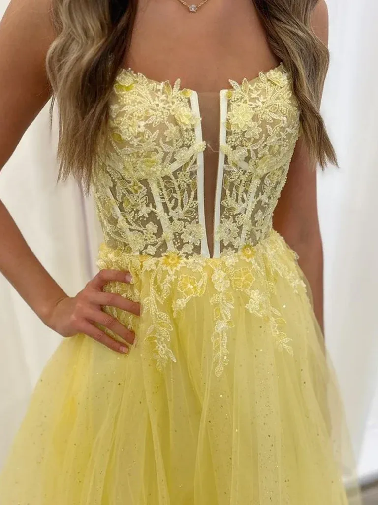 A Line V Neck Backless Yellow Lace Long Prom Dresses, Open Back Lace Yellow Formal Evening Dresses