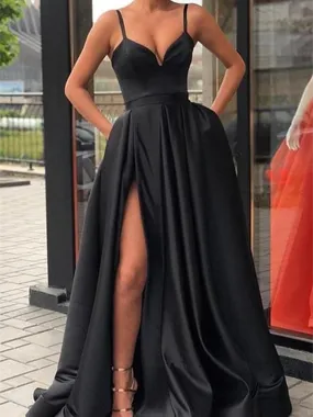 A Line V Neck Black Satin Long Prom Dresses With High Leg Slit, Long Black Formal Evening Dresses With pockets