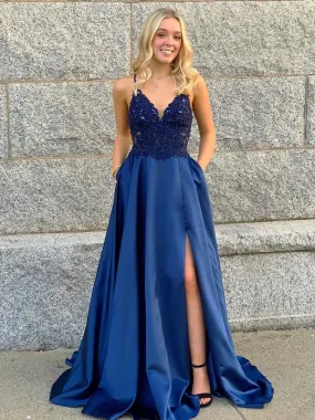 A Line V Neck Blue Lace Beaded Long Prom Dresses, Blue Lace Formal Evening Dresses