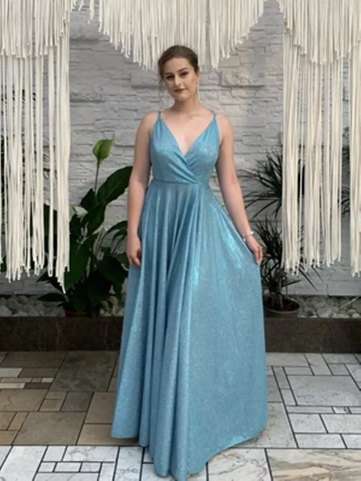 A Line V Neck Blue Long Prom Dresses, A Line V Neck Blue Long Formal Evening Dresses