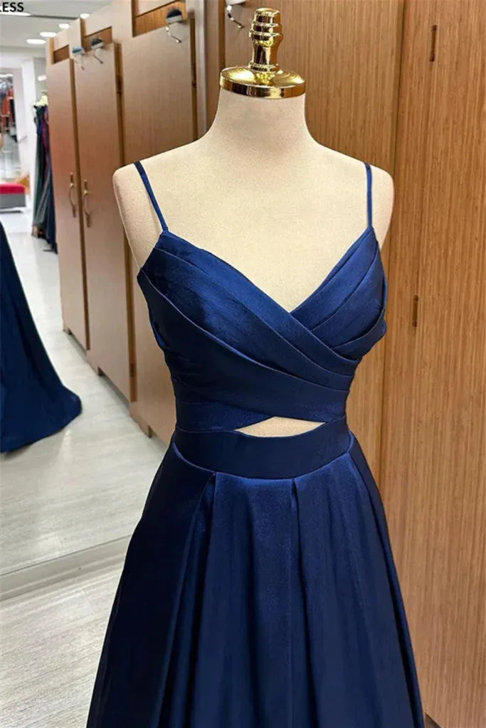 A Line V Neck Blue Satin Long Prom Dresses, V Neck Long Blue Formal Graduation Evening Dresses