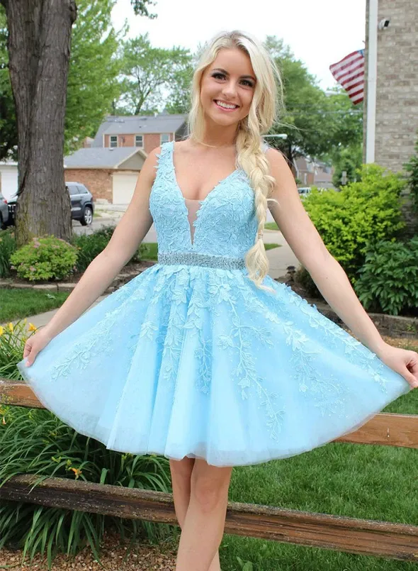 A Line V Neck Blue Short Lace Appliques Prom Dresses,  Short Lace Blue Formal Evening Graduation Homecoming Dresses