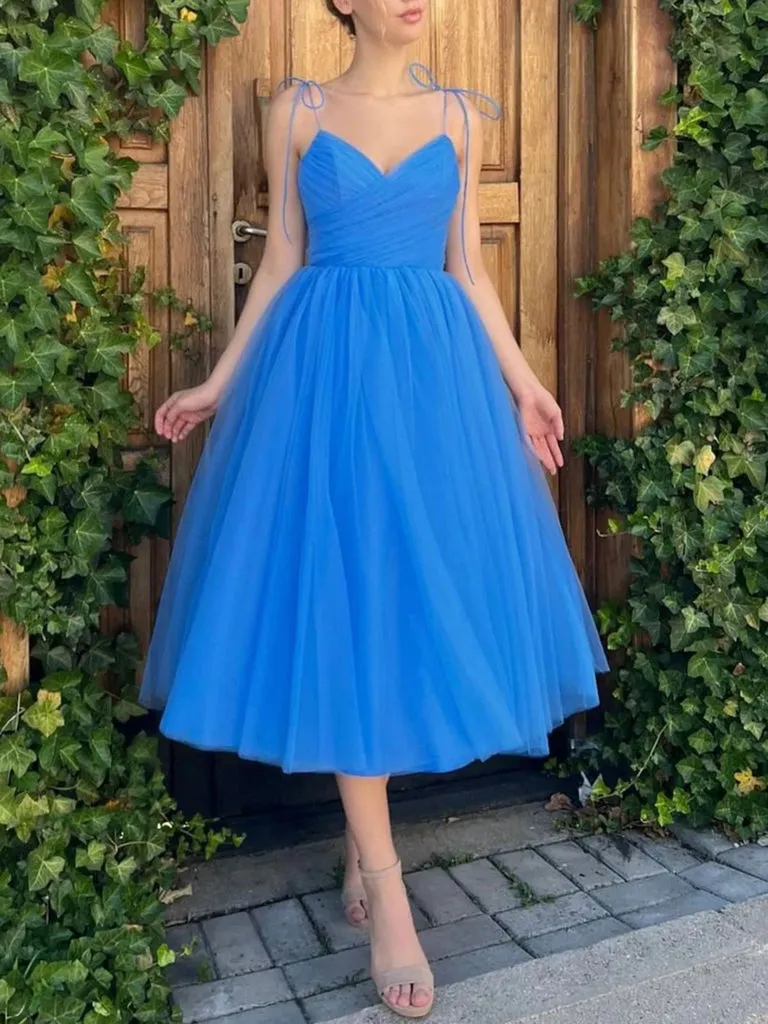 A Line V Neck Blue Tulle Tea Length Homecoming Dresses SH017