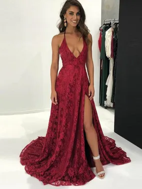 A Line V Neck Burgundy Lace Prom Dresses With Leg Slit, Backless Burgundy Lace Formal Graduation Evening Dresses