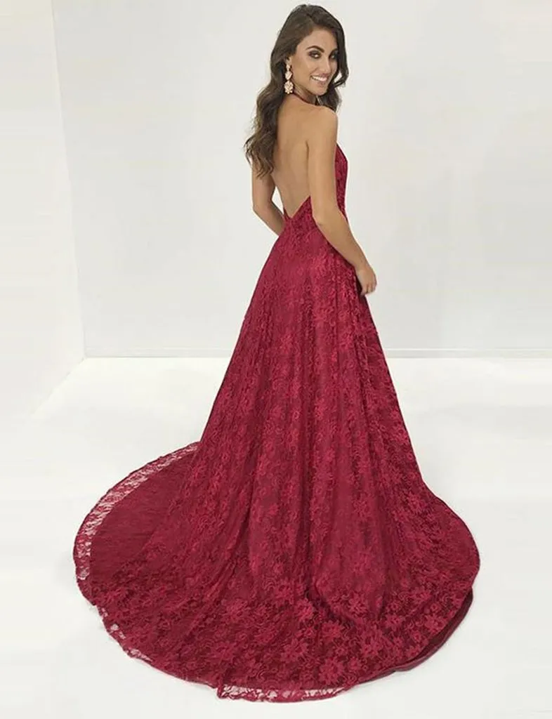 A Line V Neck Burgundy Lace Prom Dresses With Leg Slit, Backless Burgundy Lace Formal Graduation Evening Dresses