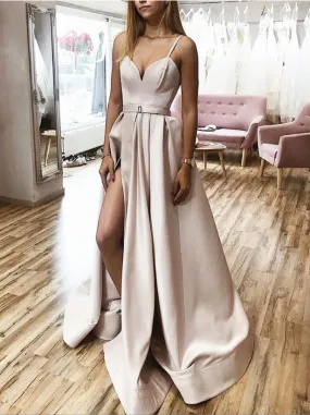 A Line V Neck Champagne Long Prom Dresses With Leg Slit,  Champagne Long Formal Graduation Evening Dresses