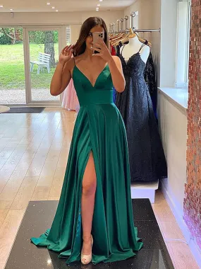 A Line V Neck Emerald Green Satin Prom Dresses, Emerald Green V Neck Formal Graduation Dresses