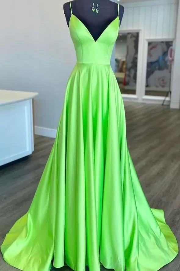 A Line V Neck Green Satin Long Prom Dresses, A Line V Neck Green Satin Long Formal Evening Dresses