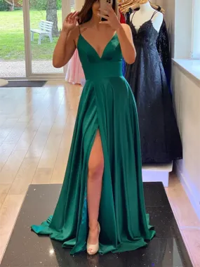 A Line V Neck Green Satin Long Prom Dresses, A Line V Neck Green Satin Long Formal Evening Dresses