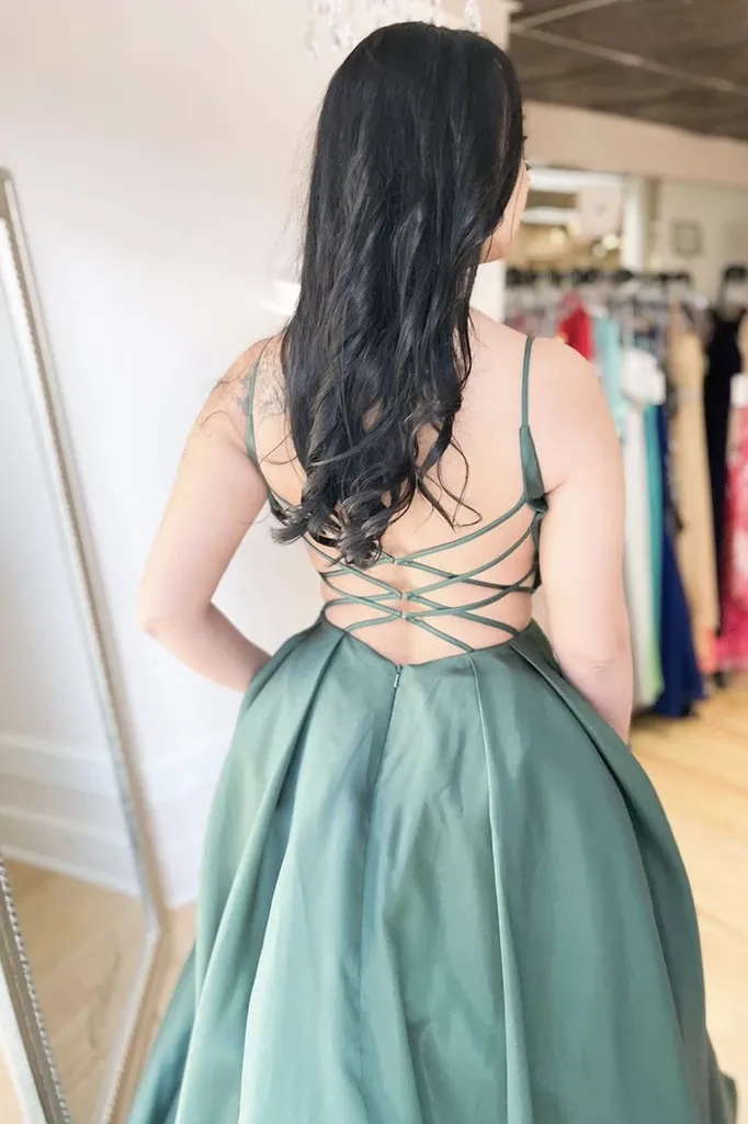 A Line V Neck Green Satin Long Prom Dresses, Backless Green Long Formal Evening Dresses