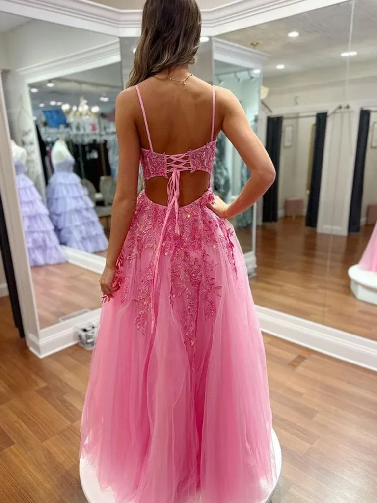 A Line V Neck Hot Pink Lace Long Prom Dresses with High Slit, Open Back  Hot Pink Lace Formal Evening Graduation Dresses