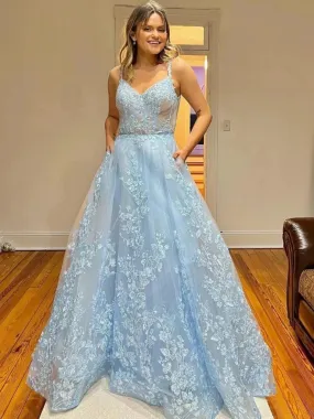 A Line V Neck Light Blue Lace Long Prom Dresses, Light Blue Floral Formal Graduation Evening Dresses