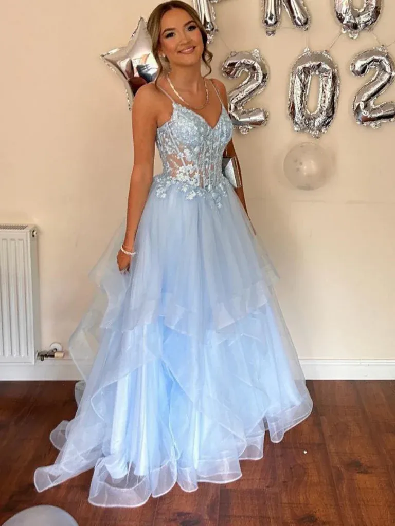 A Line V Neck Light Blue Lace Long Prom Dresses, Light Blue Lace Long Tulle Formal Evening Dresses