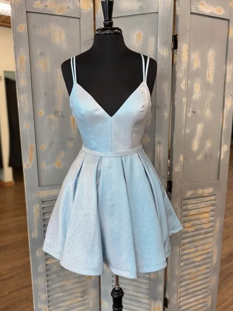 A Line V Neck  Light Blue Short Prom Dresses,  V Neck Light Blue Short Formal Evening Homecoming Dresses