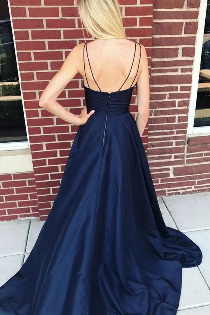 A Line V Neck Long Navy Blue Spaghetti Straps Prom Dresses, Navy Blue Side Slit Formal Graduation Dresses,  Blue Spaghetti Straps Evening Dresses With Pockets