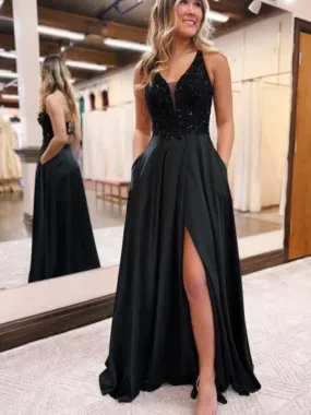 A Line V Neck Open Back Black Sequin Long Prom Dresses with High Slit,  V Neck Backless Black Formal Graduation Evening Dresses  with Pockets