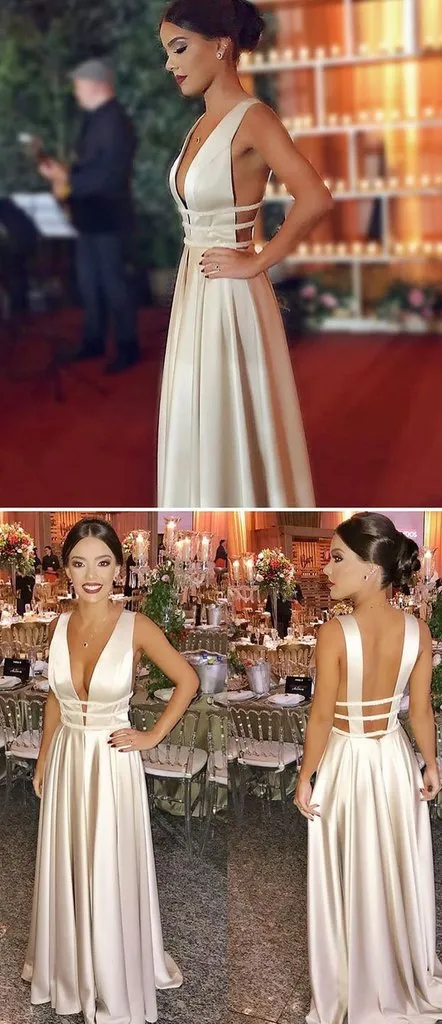 A Line V Neck Open Back Champagne Prom Dresses, Champagne V Neck Open Back Evening Dresses