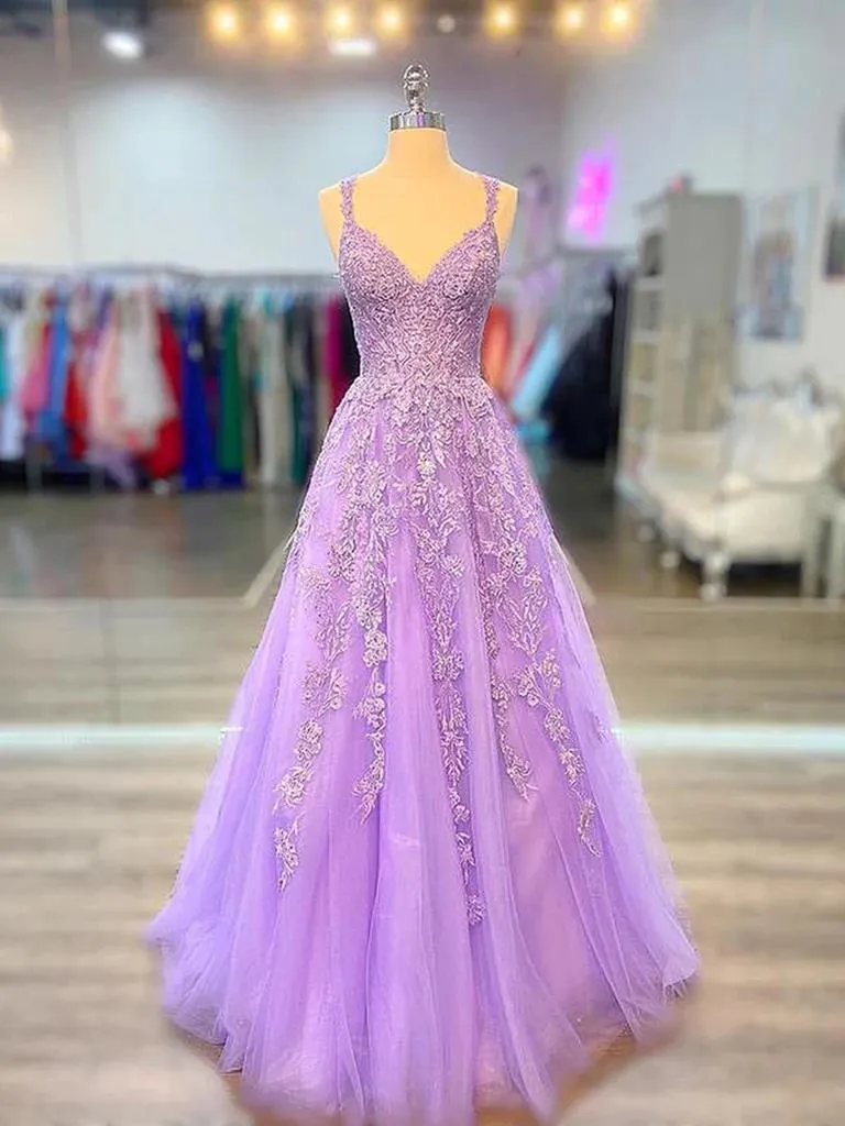 A Line V Neck Purple Lace Prom Dresses, Purple Lace Formal Evening Dresses