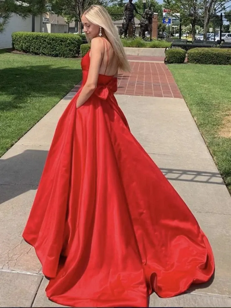 A Line V Neck Red Backless Long Prom Dresses, V Neck Red Long Formal Evening Dresses