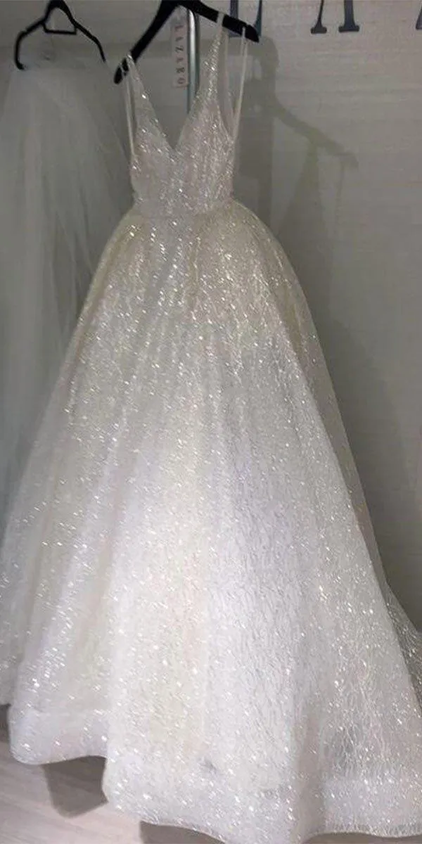 A line V-Neck Sequin Unique Beach Wedding Dresses WD004