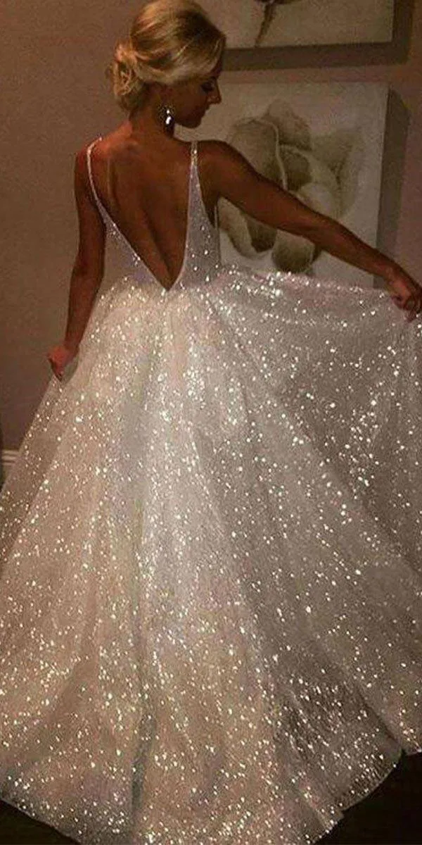 A line V-Neck Sequin Unique Beach Wedding Dresses WD004