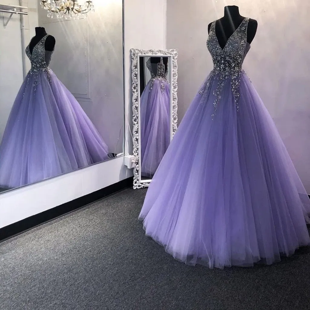 A Line V Neck Sequins Purple Tulle Long Prom Dresses,  Lilac Beaded Long Formal Evening Praty Dresses