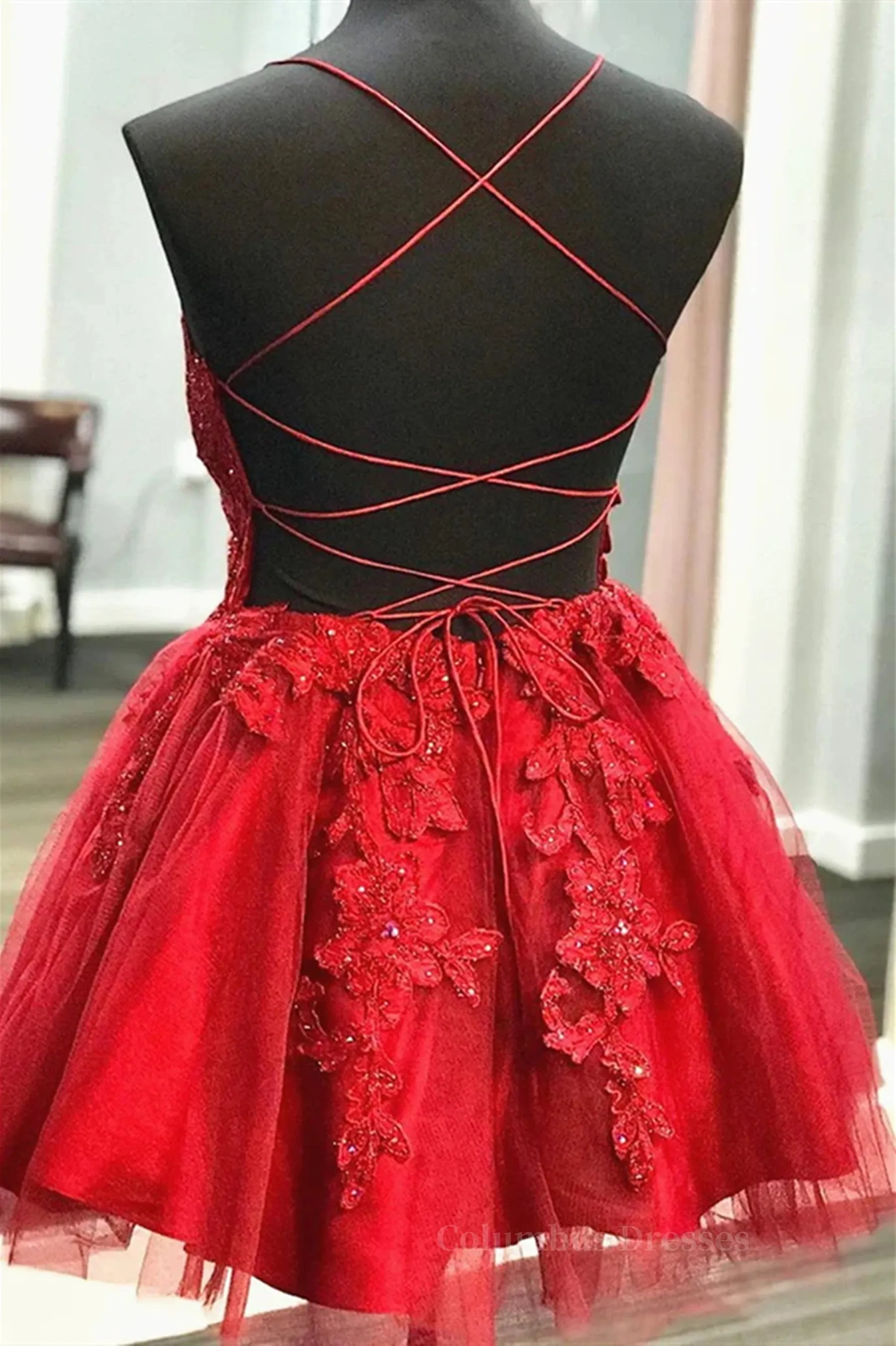 A Line V Neck Short Red Lace Prom Dresses, Short Red Lace Formal Homecoming Dresses