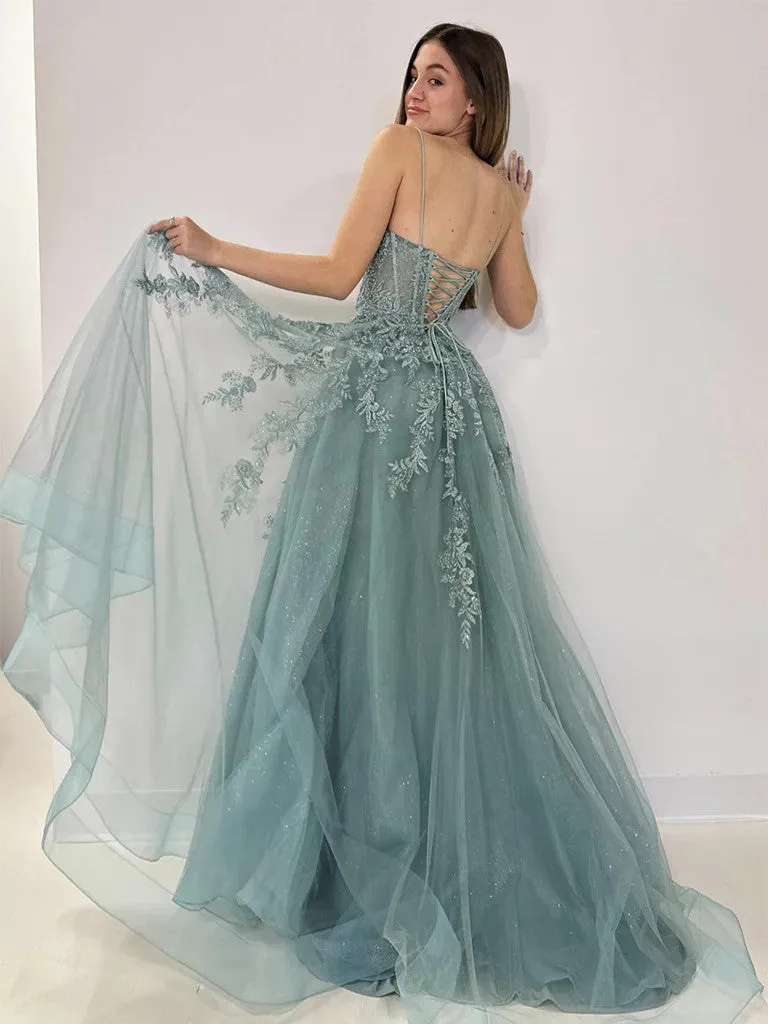 A Line V Neck Tulle Lace Gray Green Long Prom Dresses, Gray Green V Neck Lace Tulle Long Formal Dresses