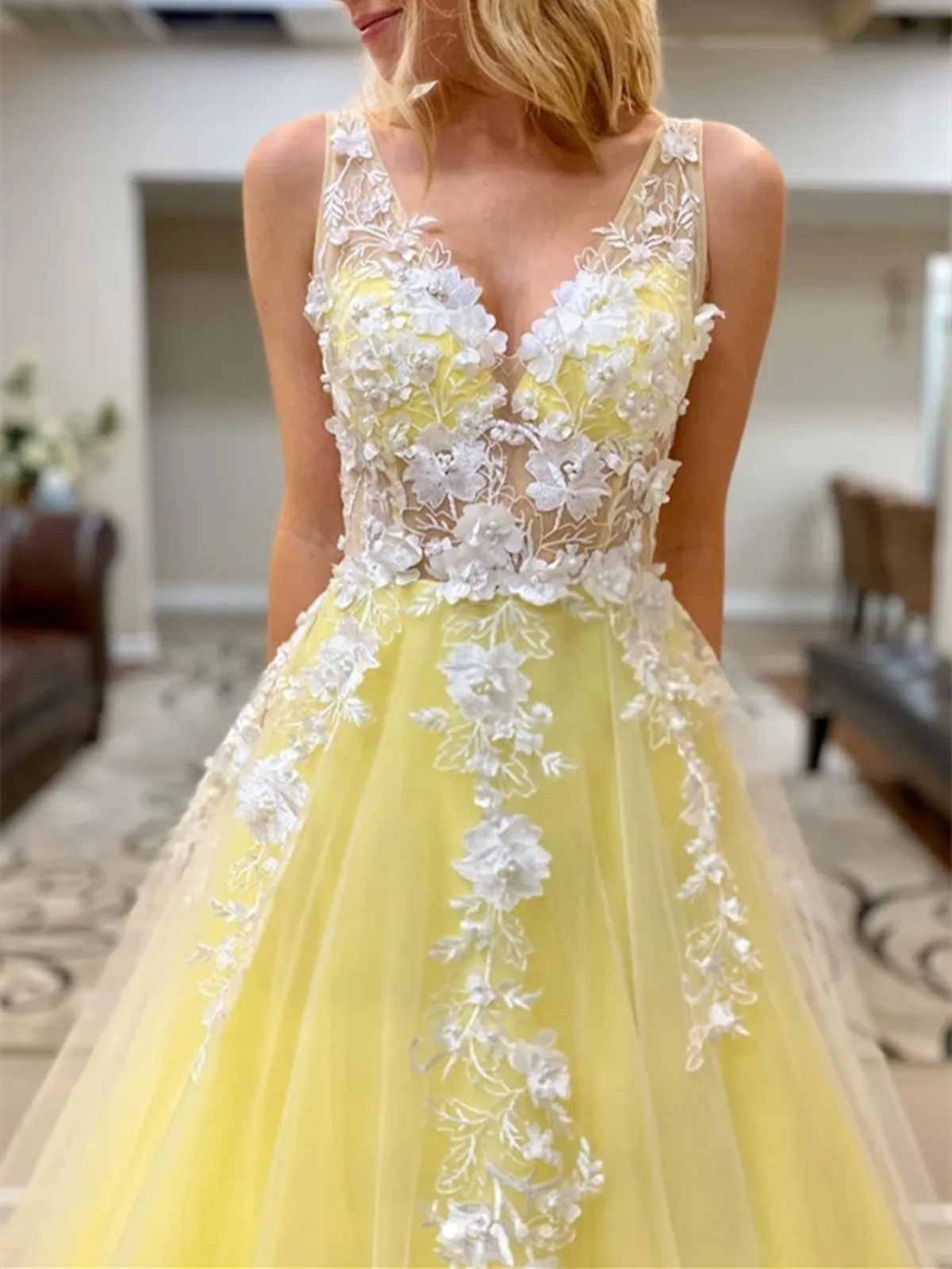 A Line V Neck Yellow Tulle Lace Long Prom Dresses, Yellow Lace Formal Evening Dresses