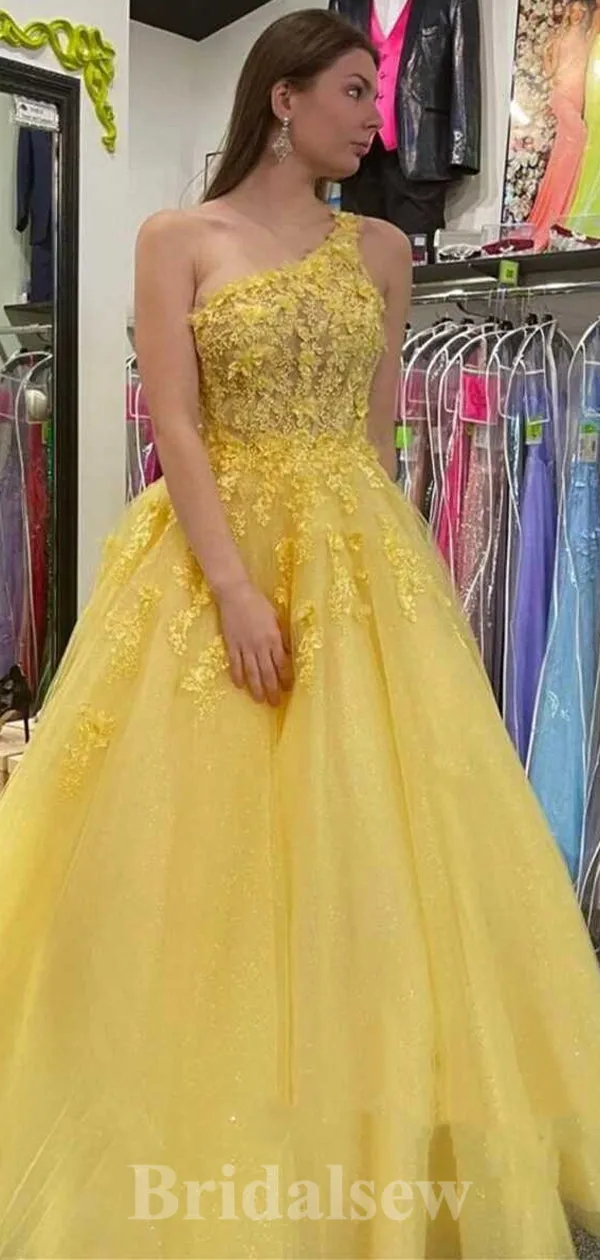 A-line Yellow One Shoulder Lace Modest Long Women Evening Prom Dresses PD876