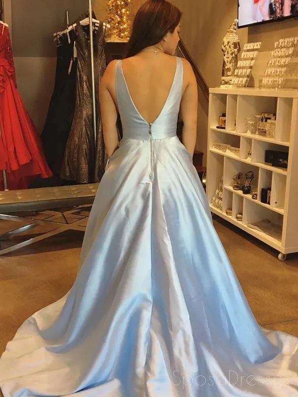 Affordable Simple V Neck A line Light Blue Satin Long Evening Prom Dresses, 17463