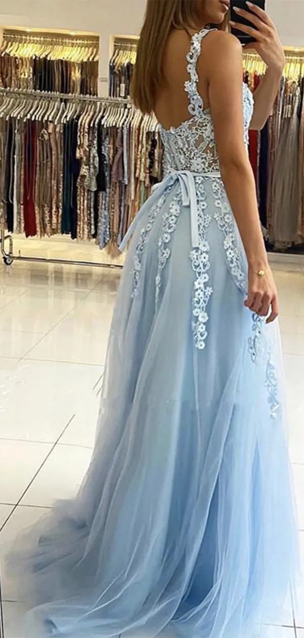 Aline Light Blue Tulle Women Party Long Prom Dresses, Ball Gown PD196