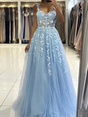 Aline Light Blue Tulle Women Party Long Prom Dresses, Ball Gown PD196