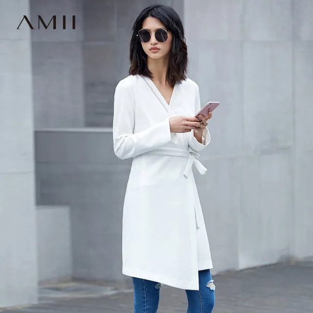 Amii Minimalist Casual Women Dress 2018 V-Neck Knee High Long Sleeve Solid Dresses