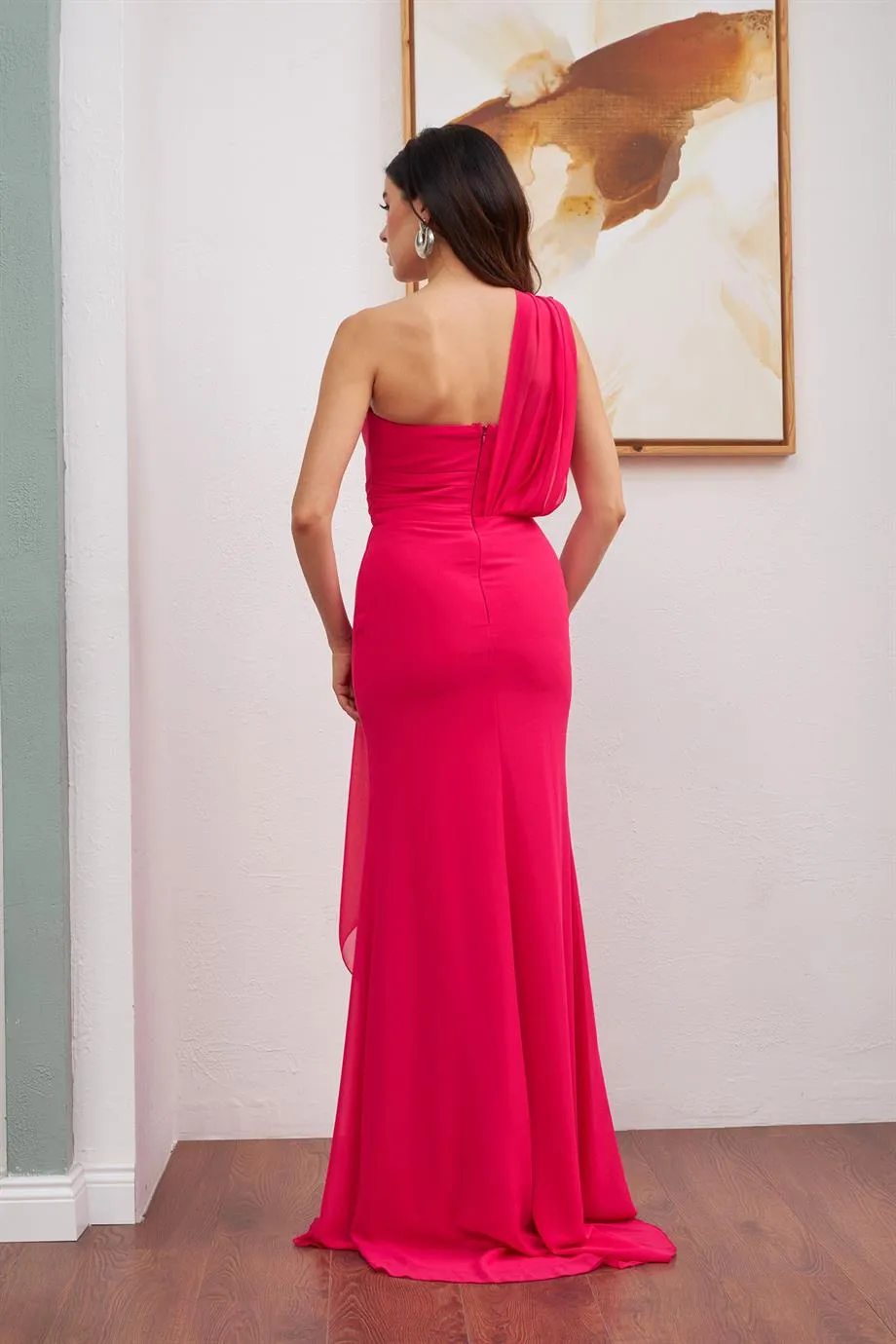 Angelino Fuchsia Chiffon One Shoulder Slip Long Evening Dress