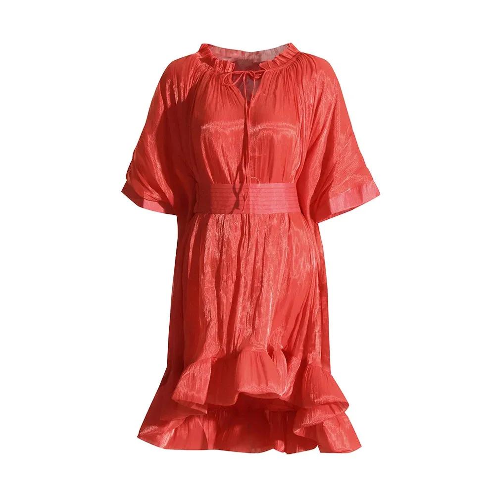 Asymmetrical Solid Mini Dresses For Women Round Neck Short Sleeve High Waist Spliced Plieasted A Line Dress Female Summer