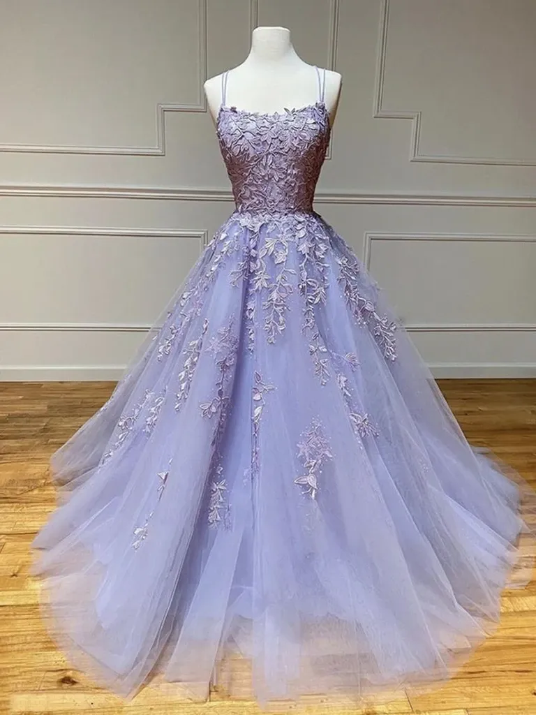 Backless Purple Lace Long Prom Dresses, Open Back  Purple Lilac Lace Formal Graduation Evening Dresses