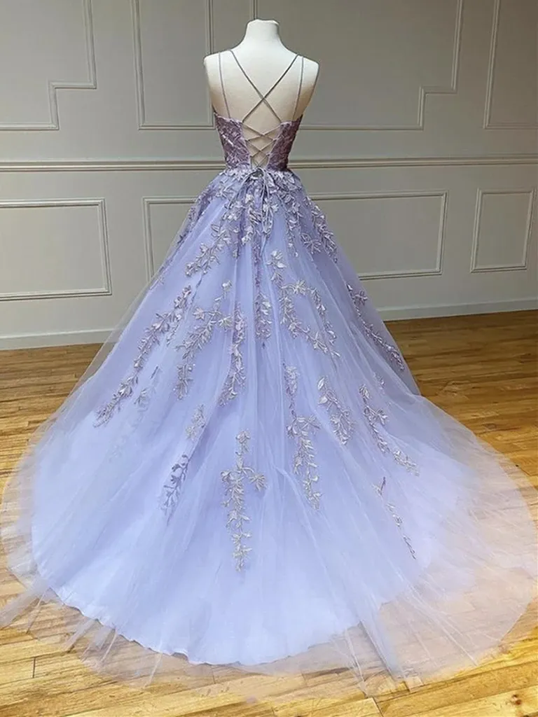 Backless Purple Lace Long Prom Dresses, Open Back  Purple Lilac Lace Formal Graduation Evening Dresses