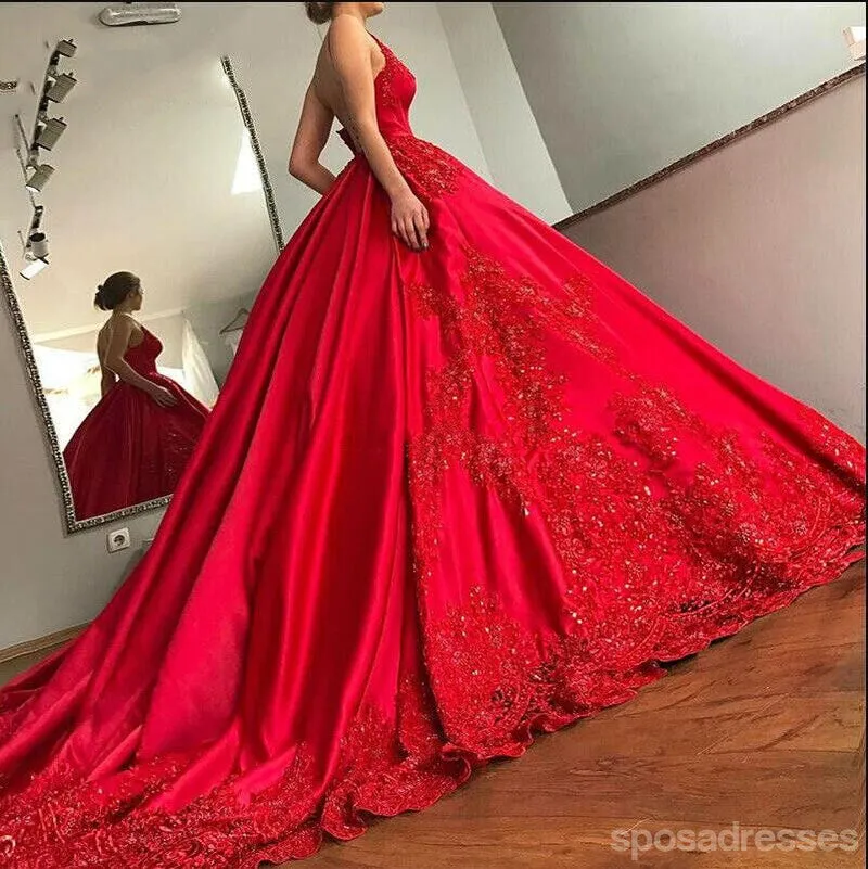 Backless Spaghetti Straps V Neck Red A-line Long Evening Prom Dresses, 17639