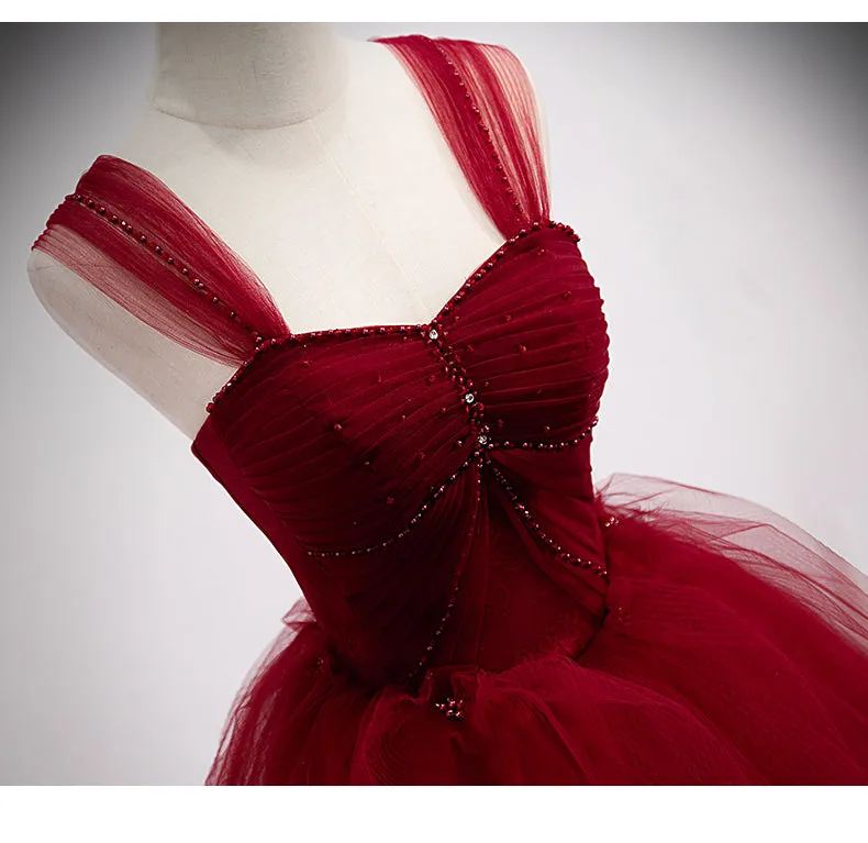 Ball Gown Burgundy Tulle Long Prom Dresses SH046