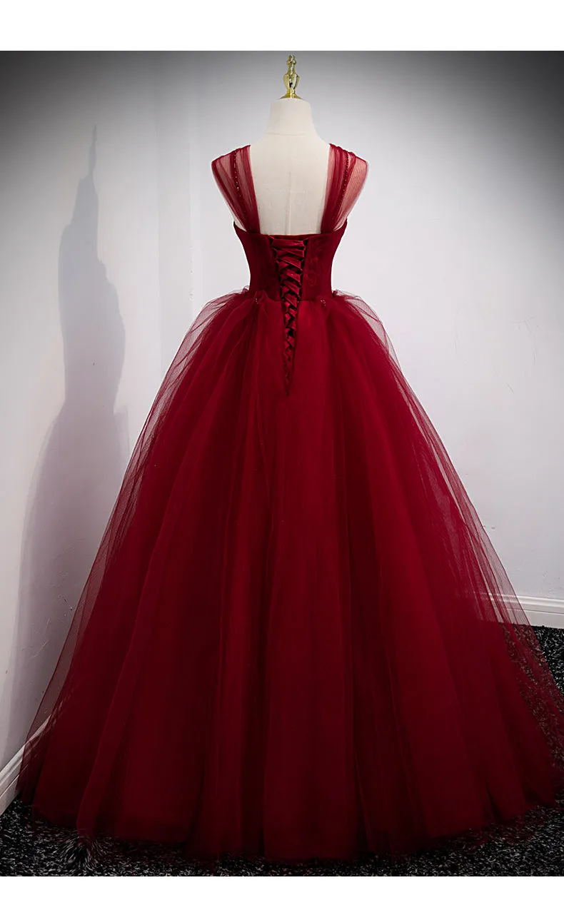 Ball Gown Burgundy Tulle Long Prom Dresses SH046