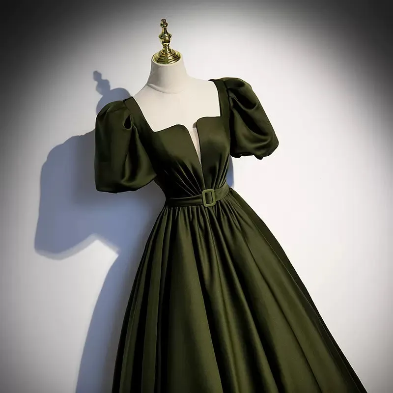 Ball Gown Puffy Sleeves Dark Green Long Prom Dresses SH055