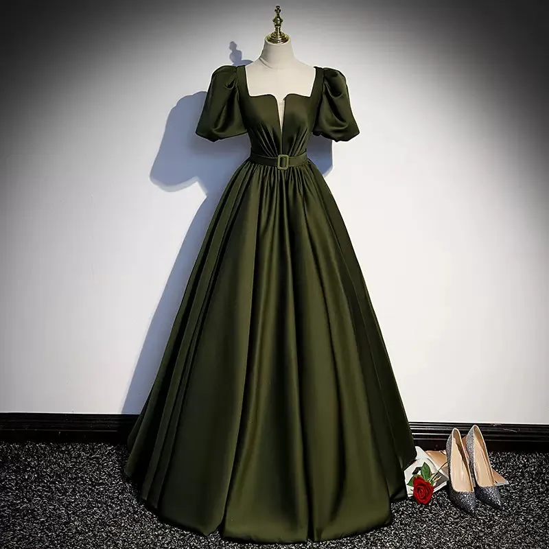 Ball Gown Puffy Sleeves Dark Green Long Prom Dresses SH055