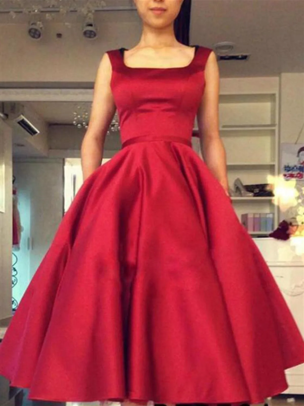 Ball Gown Square Neckline Red Short Satin Backless Prom Dresses, Red Short Backless Homecoming Dresses