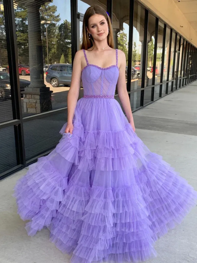 Beaded A Line Sweetheart Neck Lilac/Black Long Prom Dresses,Purple/Black Layered Tulle Formal Evening Dresses