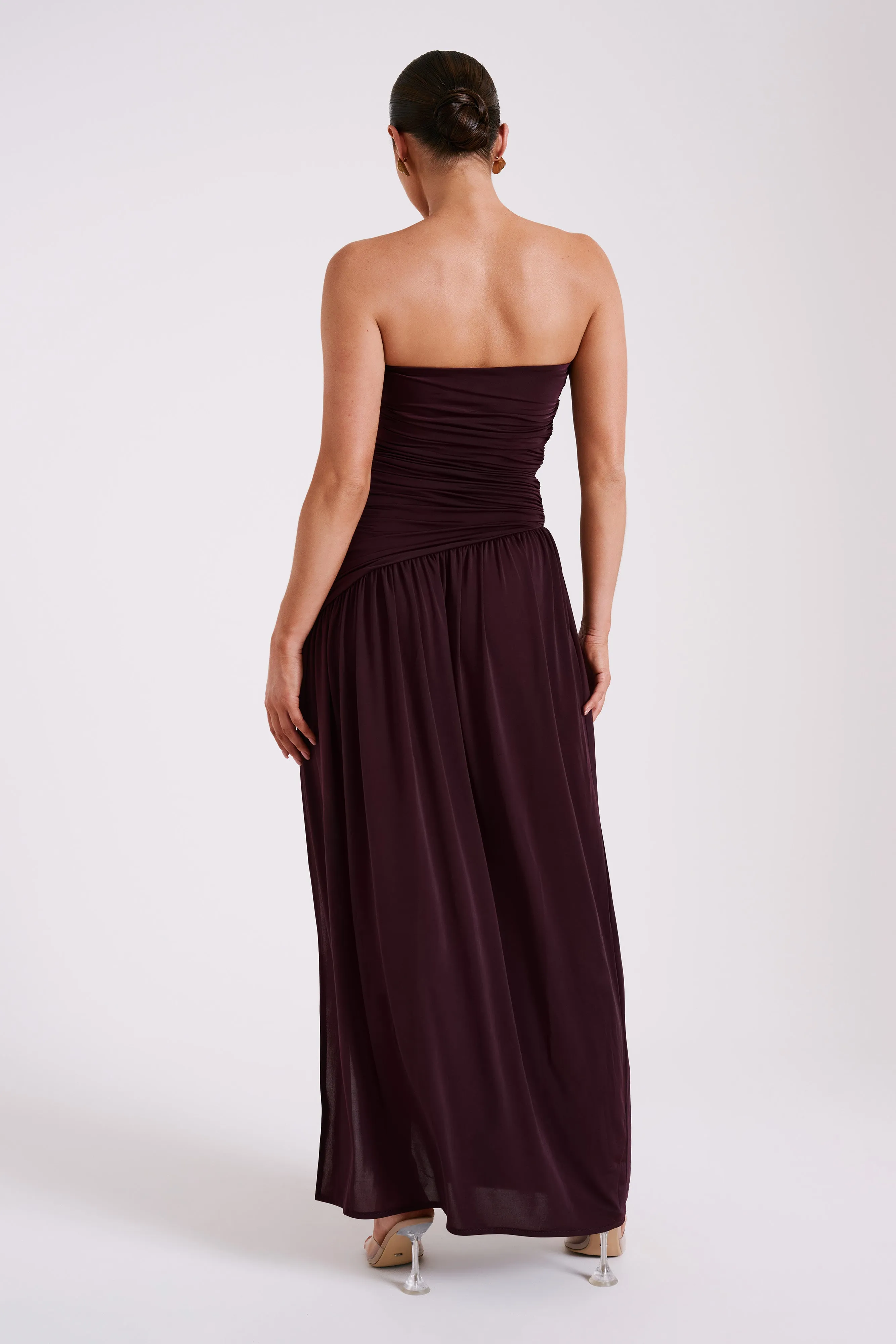 Bex Strapless Slinky Maxi Dress With Split - Burgundy