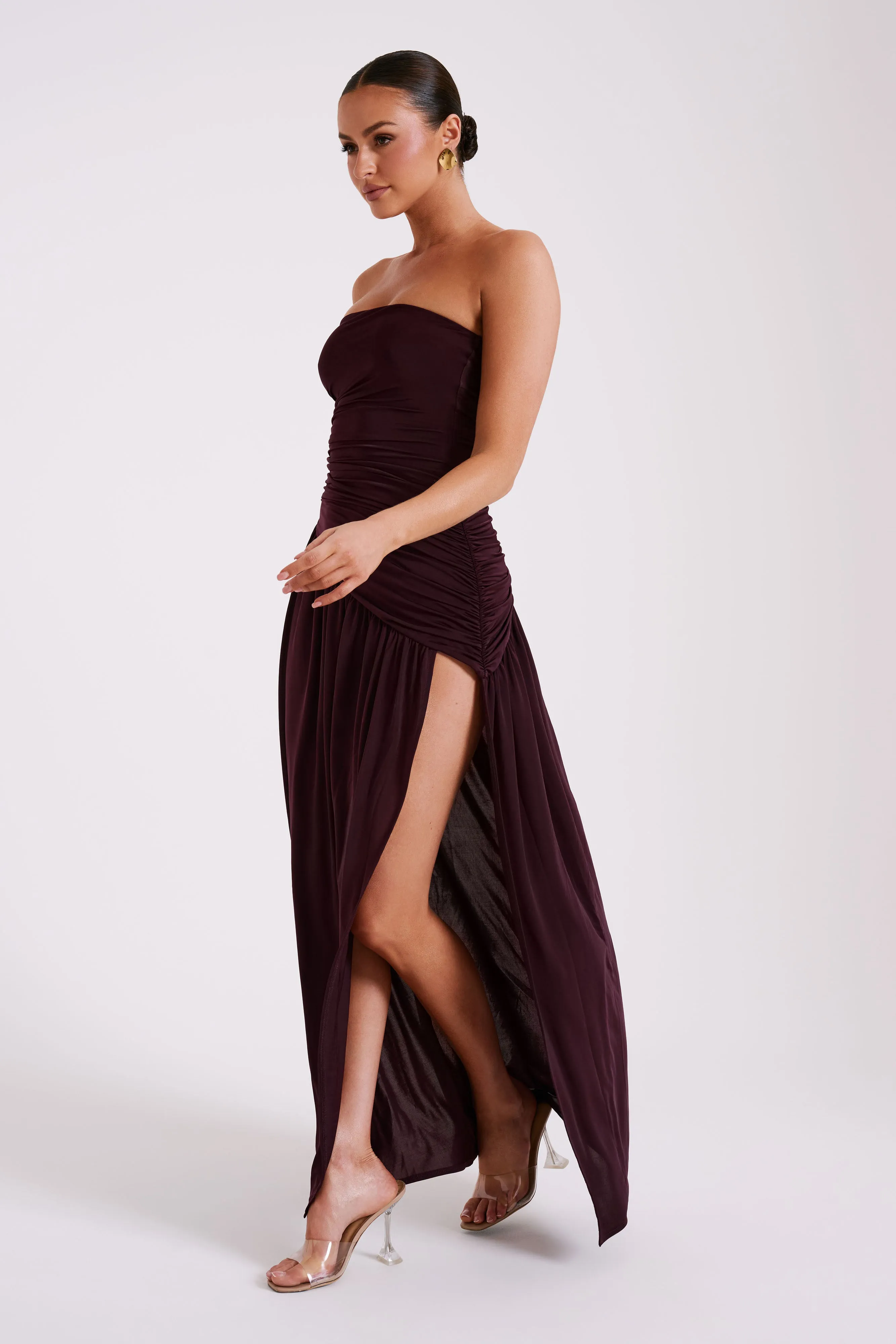 Bex Strapless Slinky Maxi Dress With Split - Burgundy